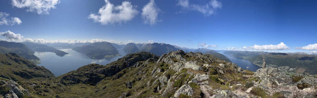 Panorama from the summit of Trollenykjen, with Nordfjord and the surrounding mountains