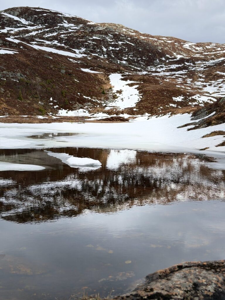 Gautevatnet, the mountain lake at 615 m above Nordfjordeid, still frozen and surrounded by snow in April