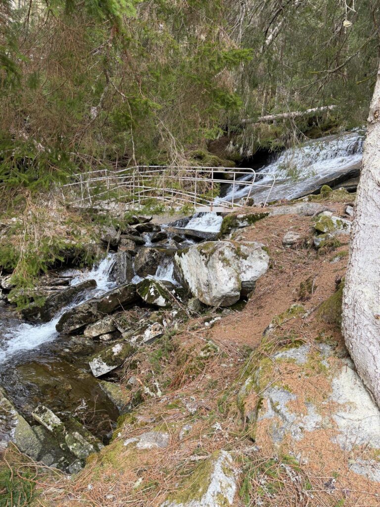 A small wooden bridge over the river beside a waterfall in the forest on the path to Skårhaugsetra