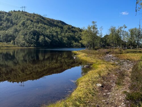 Trail along a calm mountain lake reflecting the forested hillside.