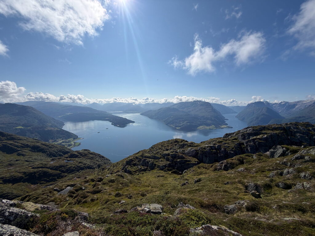 The view from the summit of Trollenykjen over Nordfjord and the mountains