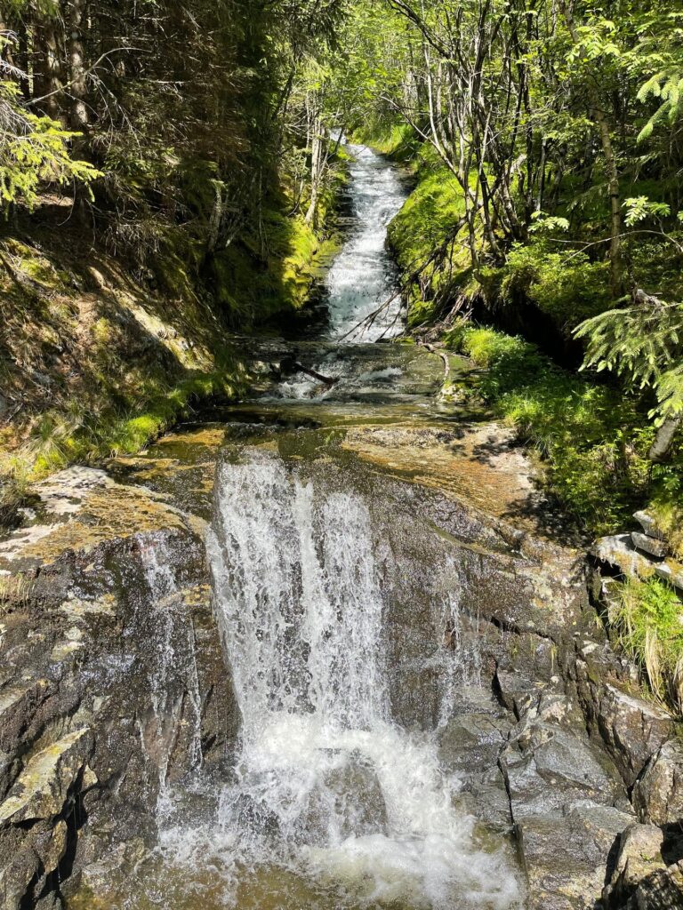 A waterfall tumbling down a rocky streambed in the forest on the path up to Utsikta